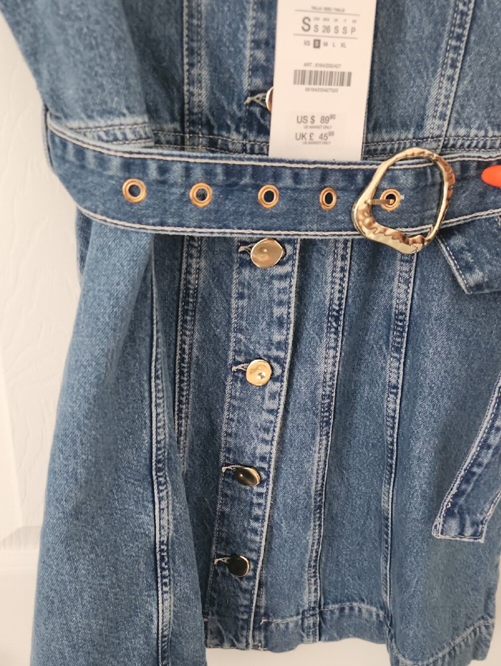Zara Sleeveless Medium Blue Denim Button-Front Mini Dress with Belt - Picture 6 of 6